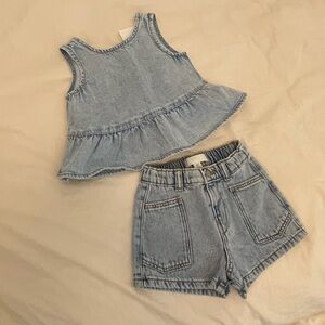 Zara Light Wash Denim Tank Top + High-Waist Shorts Set
